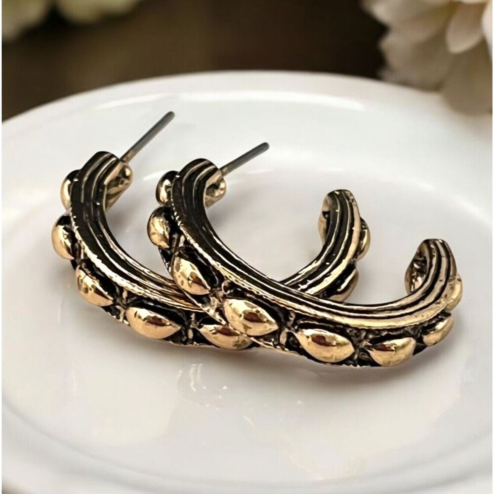 Vintage 1980s Hoop Earrings Textured Antiqued Gold Tone Pierced NOS - 9X